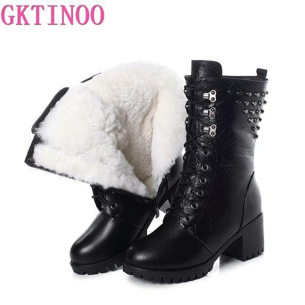 

gktinoo high heels genuine leather women winter boots new rivet thick wool warm women boots female snow, Black