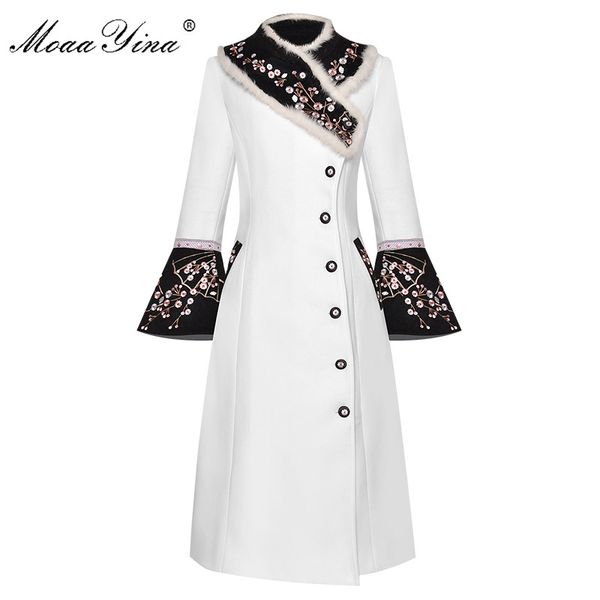 

moaayina fashion designer woolen coat winter women fur collar long sleeve embroidery elegant keep warm overcoat, Black