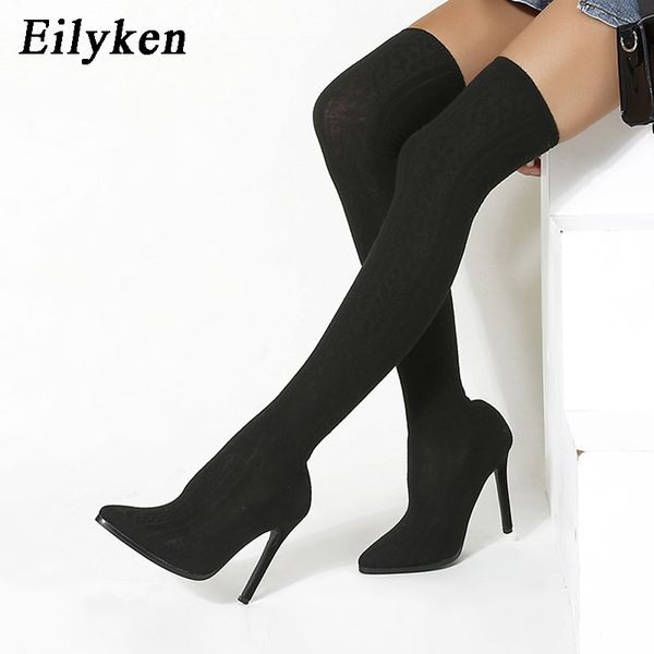 

eilyken 2021 fashion stretch fabric sock boots nightclub over-the-knee heel thigh high pointed toe woman boot size 35-40, Black