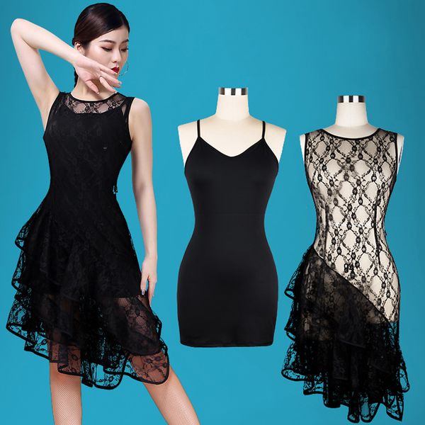 

stage wear latin dance clothes black dresses women practice sleeveless lace tango samba performance costume vdb2269, Black;red
