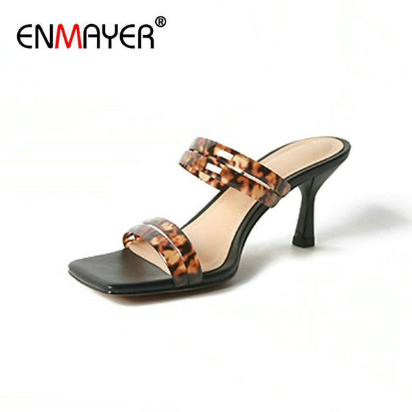 

enmayer 2020 shoes woman leopard plastic summer slippers women outside narrow band thin high heels womens shoes 34-40, Black
