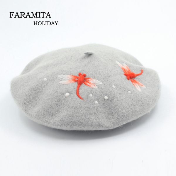 

berets faramita holiday dragonfly handmade women manual wool felt french painting hats ladies round deret headwear cap hat, Blue;gray