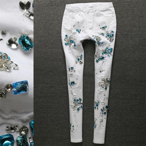 

size 25-31 denim women skinny jeans with pearls pants slim femme beading pearl jeans woman 2020 pencil jean, Blue