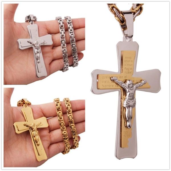 

chains stainless steel silver color christian jesus rune cross gold pendant with 5mm byzantine chain necklace men's boy's jewelry