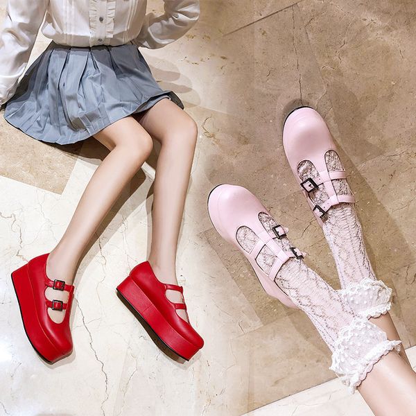 

ymechic 2020 fashion party lolita platform shoes flat thick sole women pink red flats creepers gladiator buckle mary jane shoes, Black