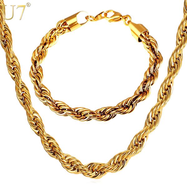

u7 stainless steel chain necklace set wholesale trendy 9mm twisted rope chain necklace and bracelet men jewelry sets s840 y200810, Slivery;golden