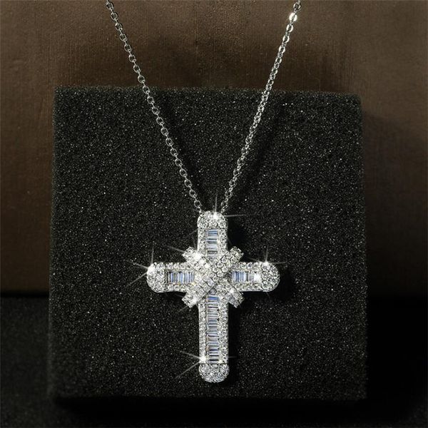 

hip hop vintage fashion jewelry 925 sterling silver cross pendant jesus pave white sapphire cz diamond women clavicle necklace with chain