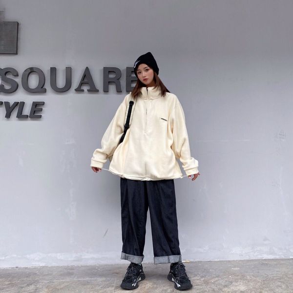 

хаки серый руно свитер сжатые стенд воротник пуловер streetwear 4colors, Black