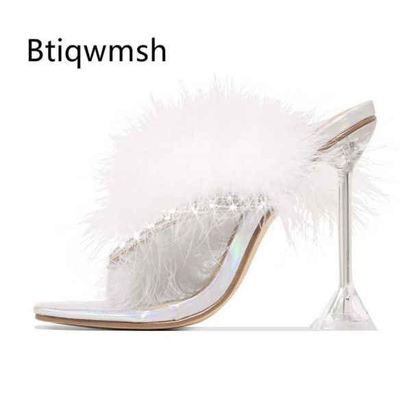 

white feather rhinestone sandals women flip flops transparent crystal high heel shoes woman mules slippers, Black