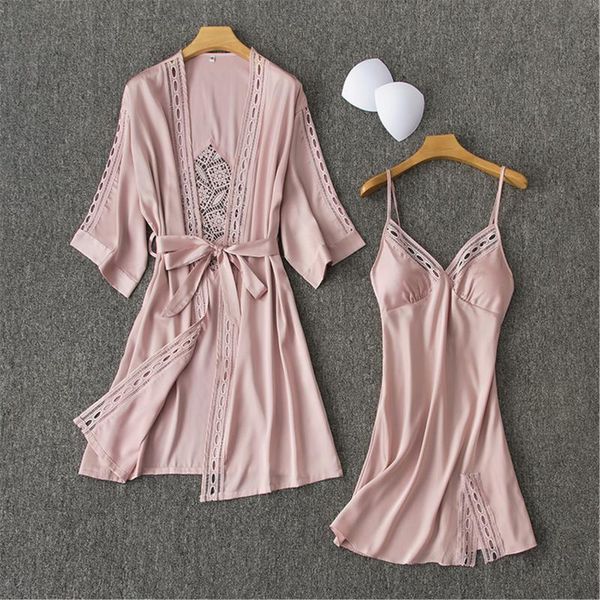 

2pcs robe set for young lady hollow out sleep set kimono bathrobe gown lace sleepwear satin home dressing gown nightgown, Black;red