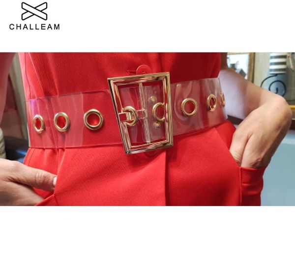 

Fashion Women Transparent Wide Waist Belt Female Designer Trapezoid Gold Metal Buckle Dress Laser Clear PVC Belt 235 Y200501