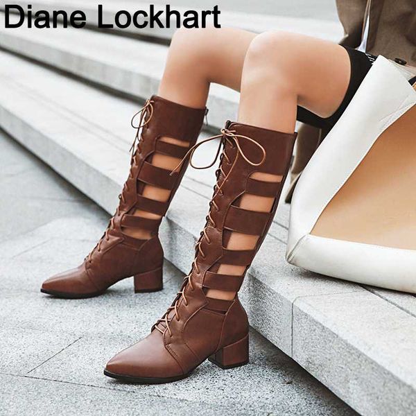 

large size lace up knee high boots women autumn zip leather hollow boot woman fashion white square heel shoes chaussures femme, Black