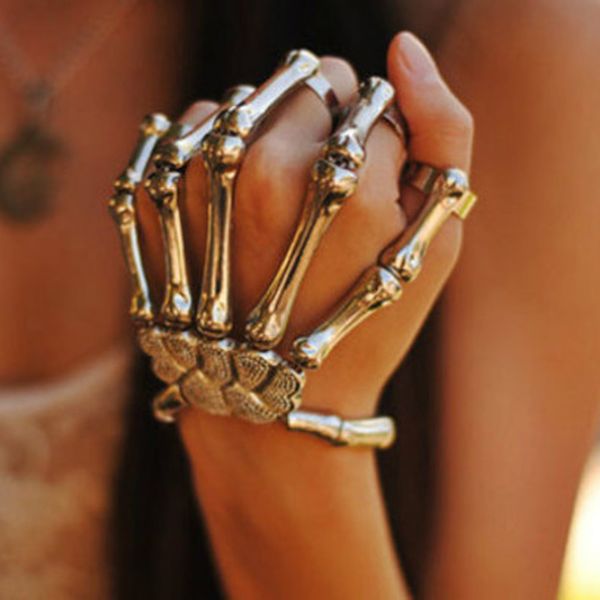 

charm bracelets gothic punk skull finger for women skeleton bone hand bangles pulseras mujer moda christmas halloween gift, Golden;silver