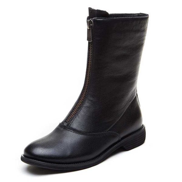 

boots female flat leather front zipper four seasons net red short boots simple and versatile british style women's, Black