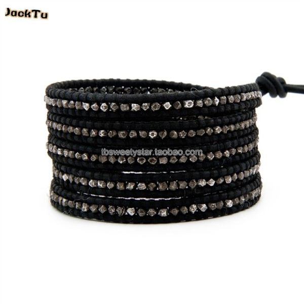 

tennis gunmetal nuggets 5 wrap bracelet on leather, Golden;silver