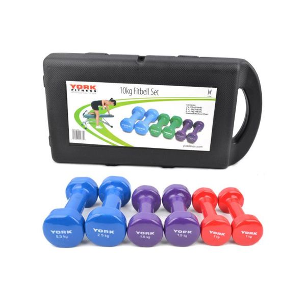 

us stock york fitness vinyl coated colorful dumbbell (fitbell) 10kg/22lb set 3pairs of weight w/ carry case exercise equipment for men women