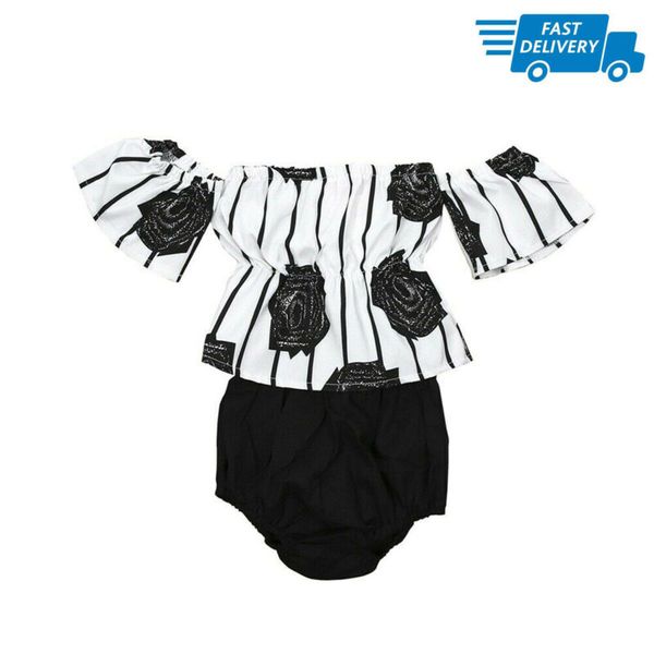 

newborn toddler baby girl clothes set off shoulder striped blouse floral pants shorts summer outfits 0-24m, White