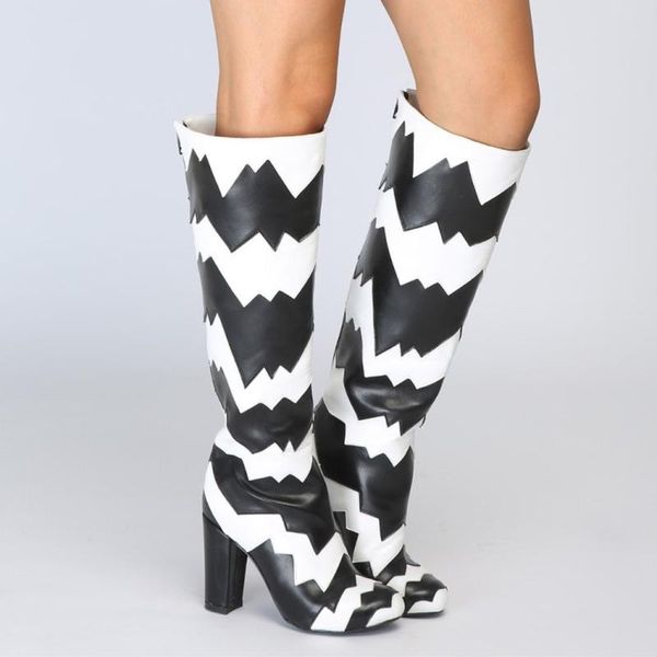 

runway womens high heels shoes riding boots pointy toe knee high block heel black white match colors plus size