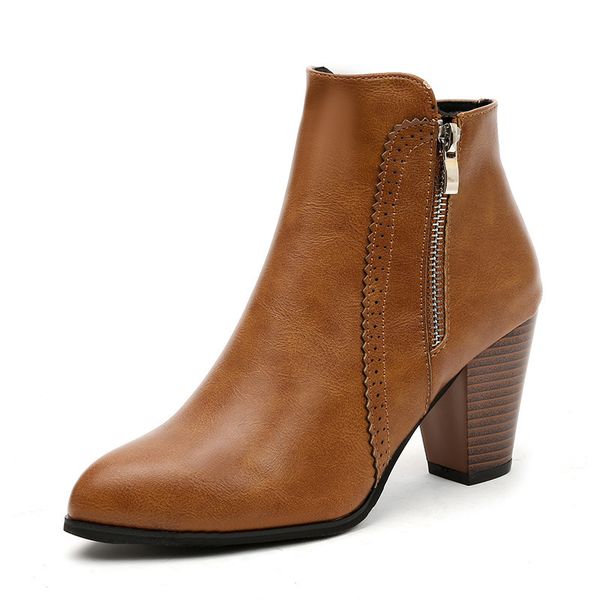 

boots women ankle fashion pu leather high heel 8cm ladies shoes side zipper short for drop ship sizes 43, Black