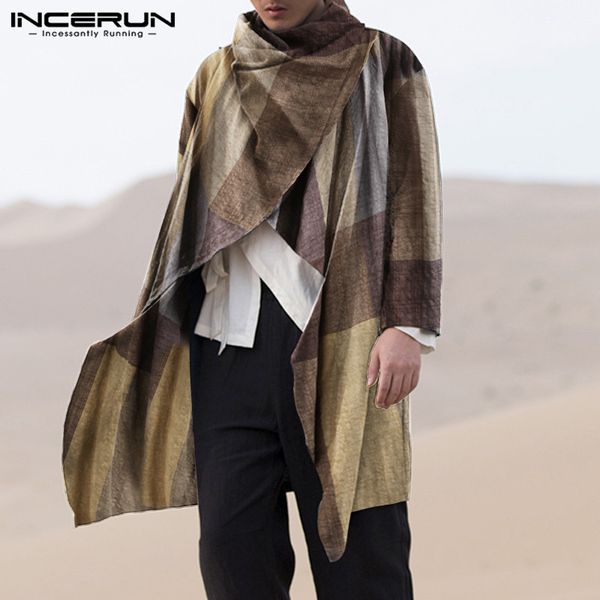 

vintage irregular manteau incerun fashion plaid cloak cape mens casual long sleeve turleneck gothic outerwear sweatshirts s-3xl, Tan;black