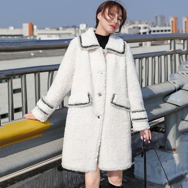 

women's fur & faux women 2021 autumn winter fashion thicken long coat female lapel lamb wool jackets casual warm outerwear mujer n161, Black