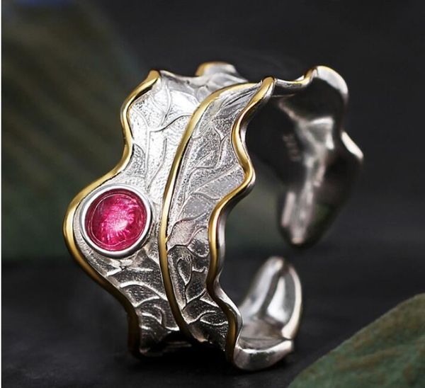 

925 sterling silver jewelry ring natural tourmaline handmade fine jewelry adjustable leaf rings for women bijoux