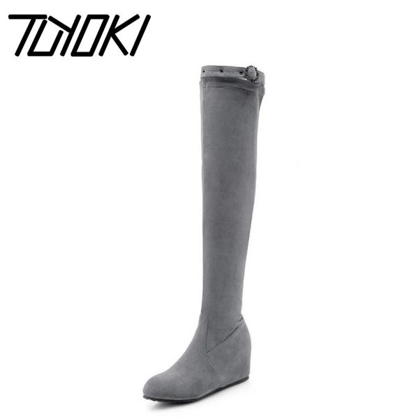 

tuyoki women thigh high boots fashion buckle winter warm fur shoes woman zipper wedge boots inside heels shoes size 32-43, Black