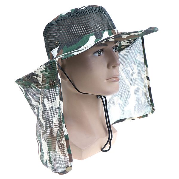 

camouflage fishing hiking wide brim breathable mesh neck cover cap outdoor sport fishing hiking hat uv protection, Blue;gray