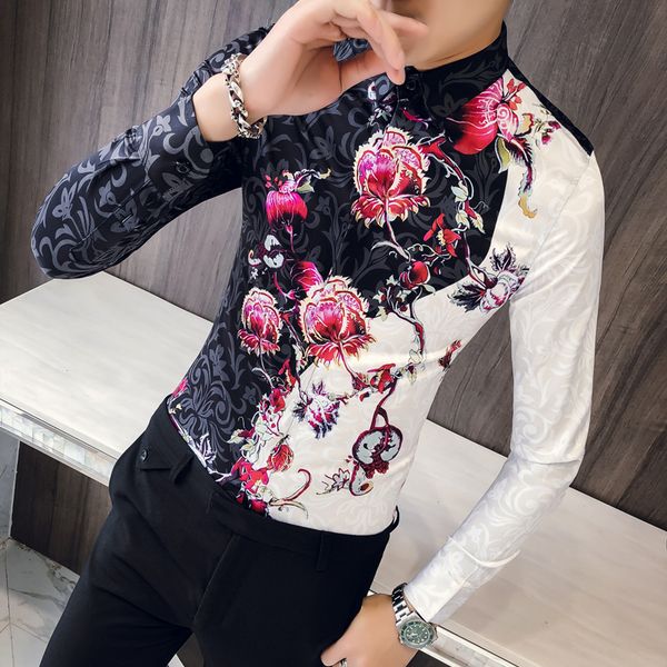 

loldeal rose flower print black shirt men autumn new slim fit long sleeve mens dress shirts casual button down chemise homme, White;black