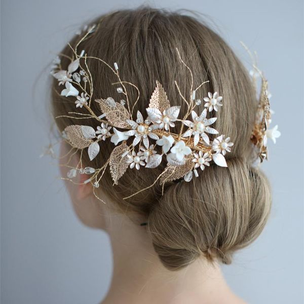 

npason wedding hair clips headband bridal hair accessories pearl floral headband wedding tiara women headpiece clips, Golden;silver