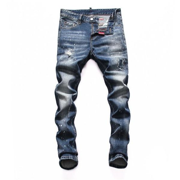 

new style men's jeans solid color men's jeans distressed pleated ripped jeans skinny slim fashion hip-hop printed emb, Blue