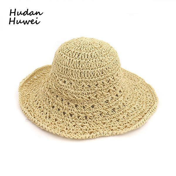 

wide brim hats spring summer hand-woven crochet women straw sun folding lady outdoor beach hat sunscreen cap breathable, Blue;gray