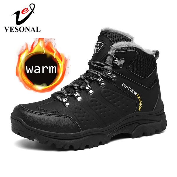

boots vesonal with fur plush warm leather ankle winter snow men shoes sneakers work male casual boot outdoor hiking footwear, Black