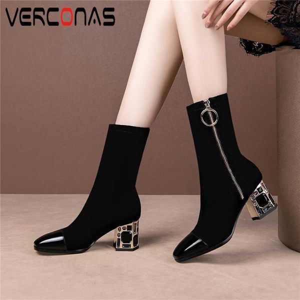 

verconas elegant women mid-calf boots stretch boots genuine leather autumn winter zip office lady crystal high heels woman, Black