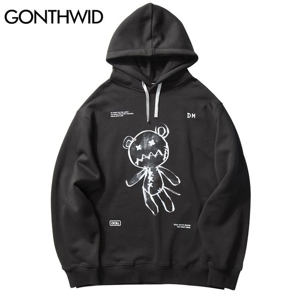 

gonthwid harajuku bear toy print hoodie sweatshirts streetwear hip hop pullover casual hooded 2020 men fashion clothing, Black