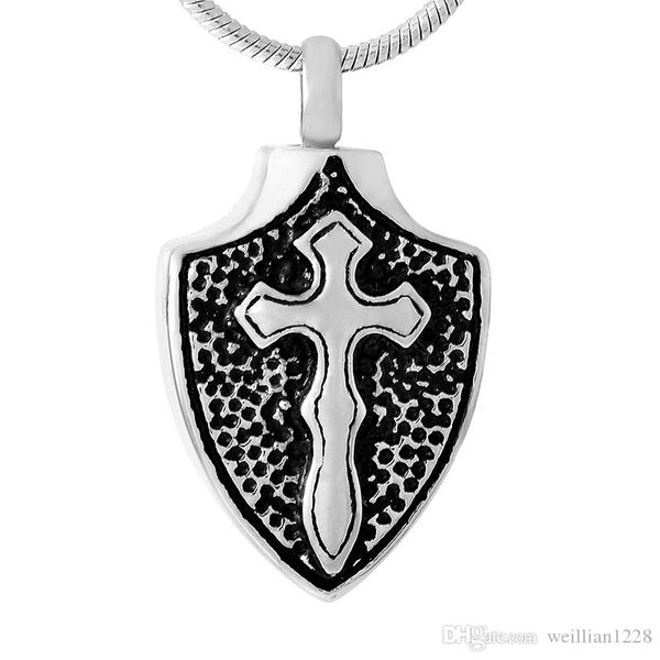 

new z549 black large cross sield stainless steel memorial urn jewelry ashes holder keepsake cremation pendant necklace for men, Silver
