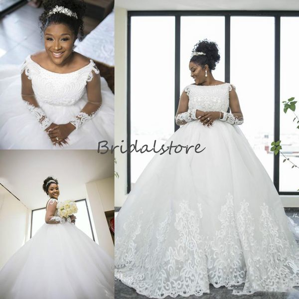 

nigeria african white ball gown plus size wedding dresses with appliques lace scoop long sleeve pearls country garden wedding gowns 2020