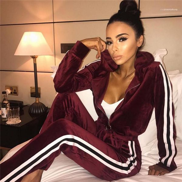 

piece pants for women luxury women velvet designer tracksuits fashion side stripe long sleeve hooded sweatpants sets casual two, Gray