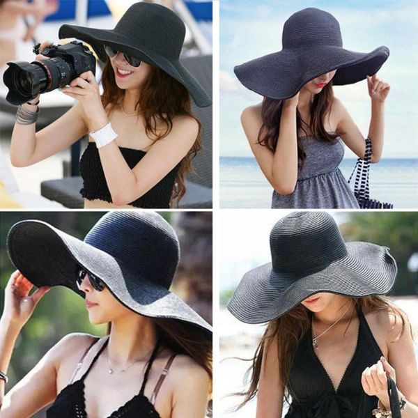 

2020 women natural raffia straw hat ribbon tie brim hat beach sun cap summer wide brim uv protect hats female cap summ, Blue;gray