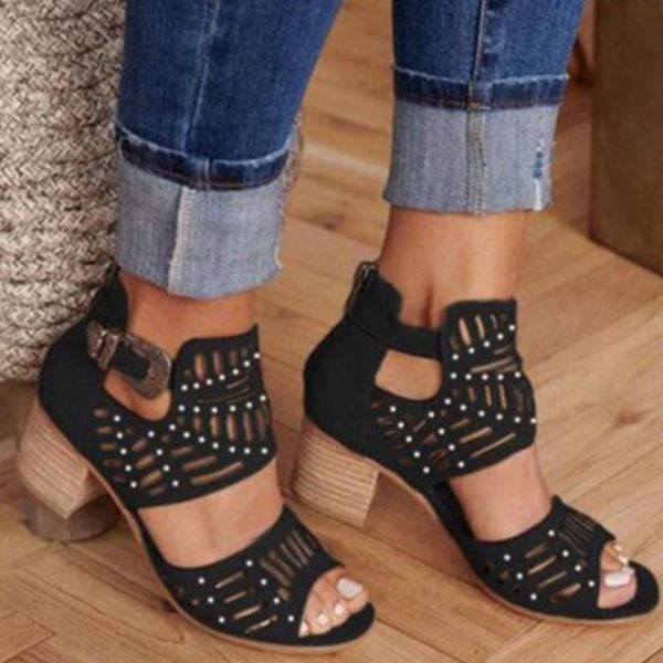 

woman vintage hollow out sandal women's crystal buckle ladies shoe open toe female casual wedding pumps women mid heel plus size, Black