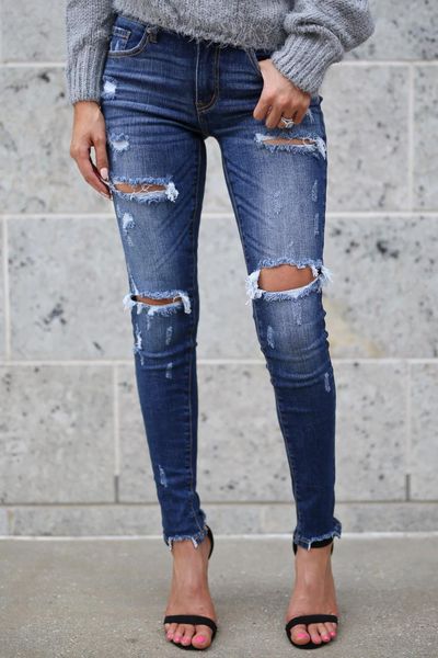 

fashion women designer jeans plus size womans clothes womens femme ripped jeans woman high waist elastic force hole pencil pantse83004, Blue