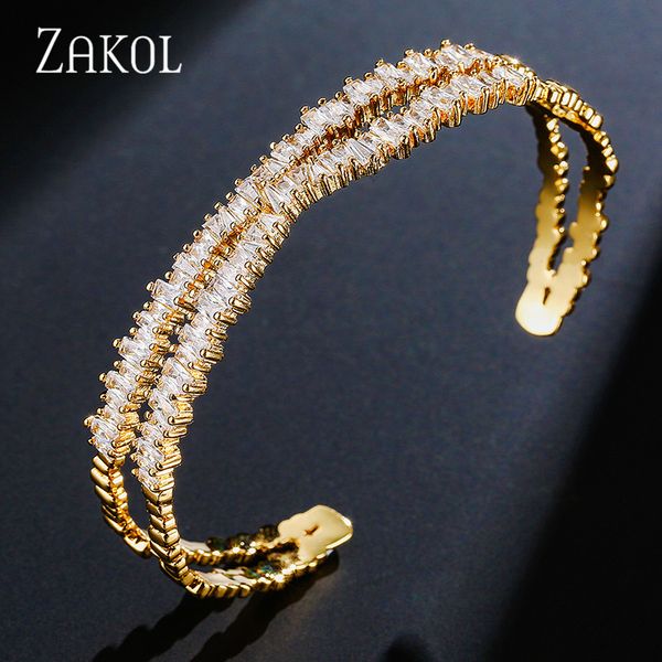 

bangle zakol brand jewelry cubic zircon multi-layered baguette bracelets fashion x shape for women girl gift fsbp151, Black