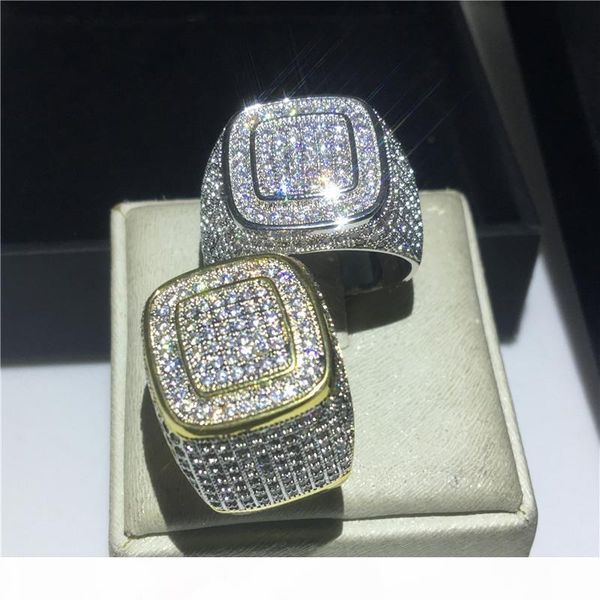 

handmade male hiphop ring 925 sterling silver pave 5a cz stone statement wedding band rings for men fashion rock party jewelry, Slivery;golden