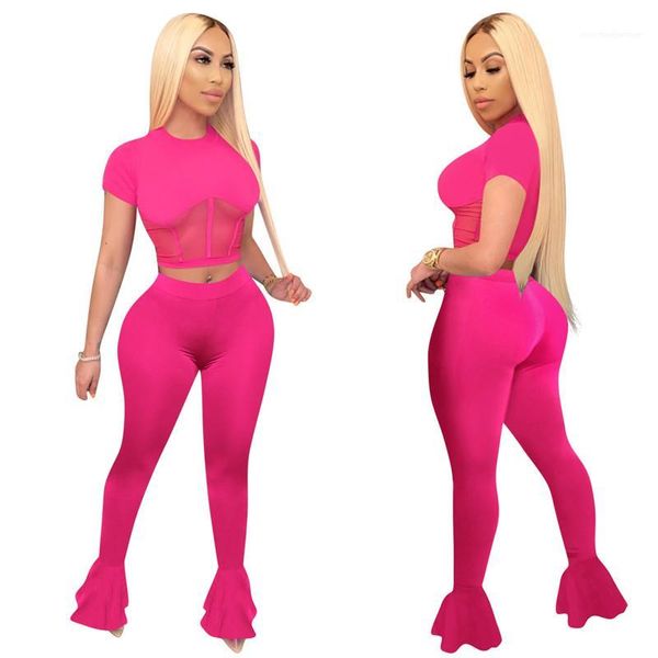 

women mid waist two piece pants womens designer solid color patchwork tracksuits 2pcs long flared trousers clothing sets, White
