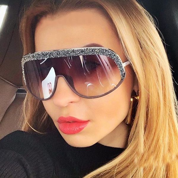 

sunglasses 2021 fashion design oversized women goggle glasses flat big square sequin sun for female, White;black