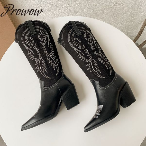 

prowow new autumn winter denim pointed toe cowboy boots knee high thick heel fashion boots shoes women, Black