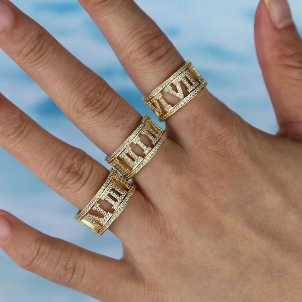 

2020 gold color micro pave 5a cubic zirconia roman numerals design finger ring for women men wide cz wedding band couple jewelry, Golden;silver