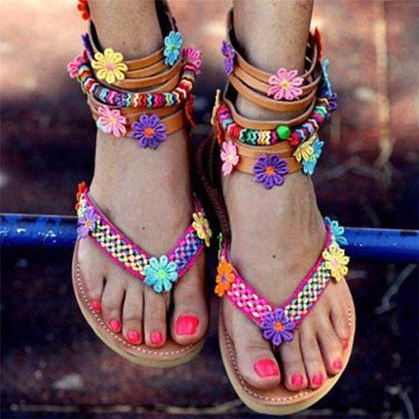 

new summer fashion flowers sandals bohemian gladiator leather sandals flat shoes summer shoes ladies open toe women 2020, Black