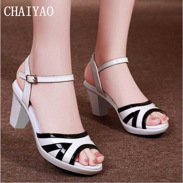 

high heel women's sandals 2020 summer new mixed colors pu leather open toe female sandals buckle strap thick heel women's shoes, Black