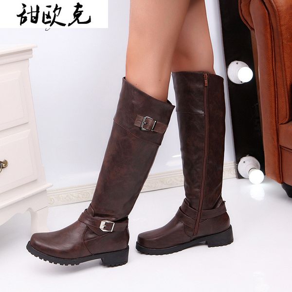 

2020 new winter women's boots fashion low heel buckle women's boots women round head side pull pu roman zapatos de mujer, Black